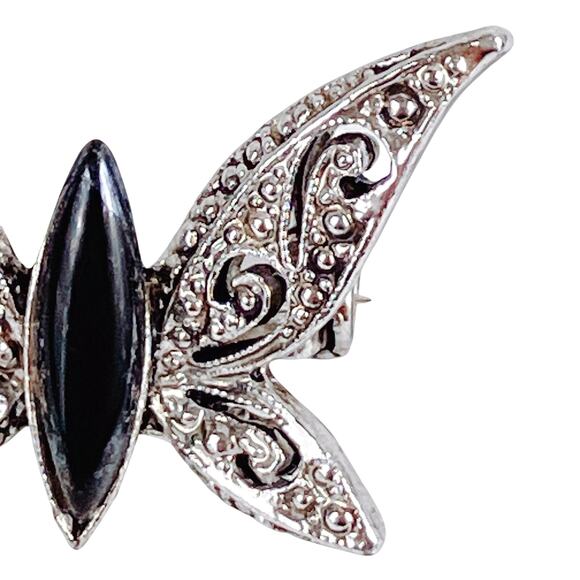 Vintage Silver Tone Butterfly Brooch Black Glass Marcasite Style 1970s - Picture 3 of 10